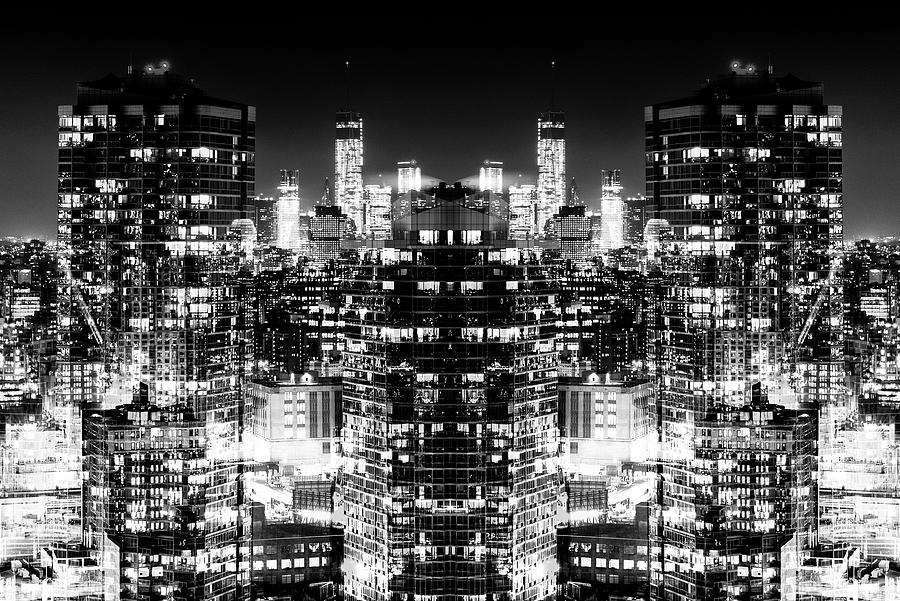 New York City Digital Art - NYC Reflection - Night Skyscrapers BW by Philippe HUGONNARD