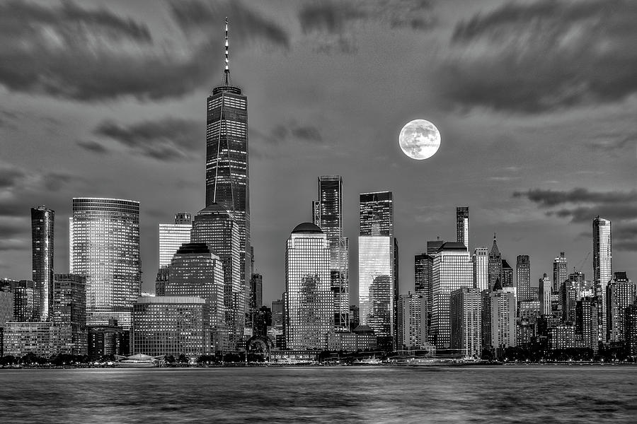 NYC Skyline Moon BW Photograph by Susan Candelario