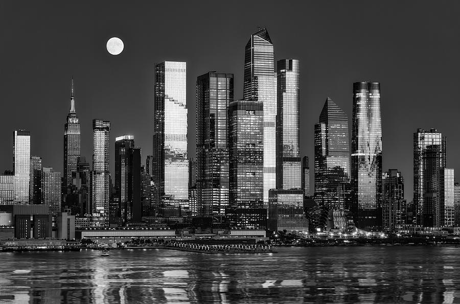 NYC Skyline Sun Glow and Moon Photograph by Susan Candelario