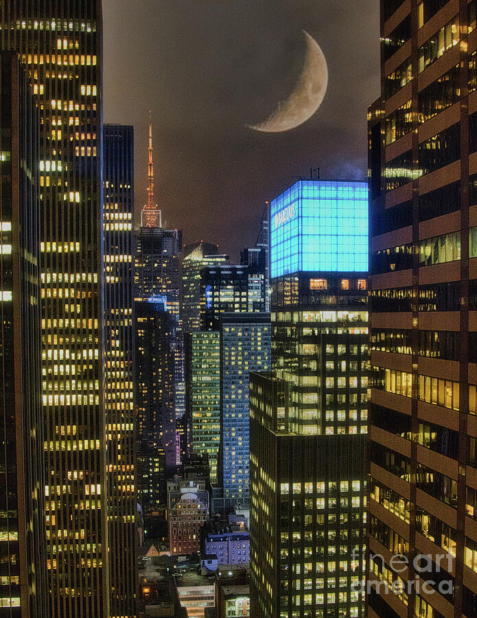 NYC View from 20th floor Color Night Architecture Moon  Photograph by Chuck Kuhn