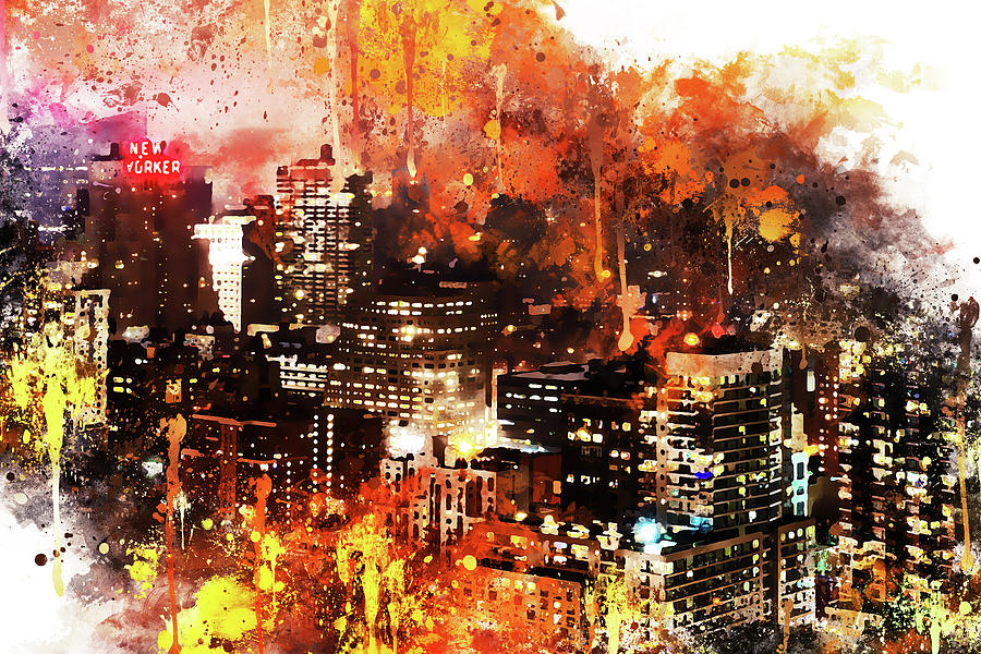 NYC Watercolor Collection - Colorful Night Painting by Philippe HUGONNARD