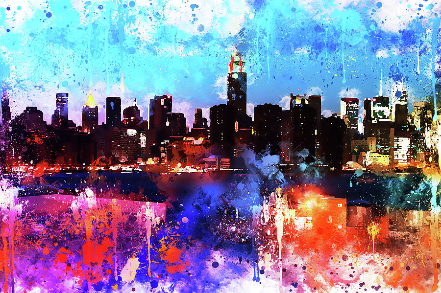 NYC Watercolor Collection - Manhattan Colors Sunset Painting by Philippe HUGONNARD