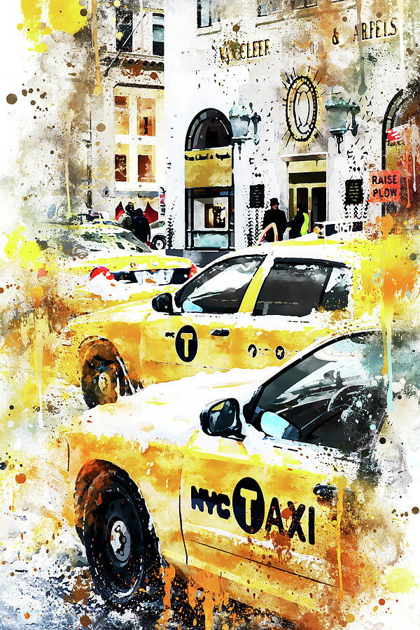 NYC Watercolor Collection - New York Taxis Painting by Philippe HUGONNARD
