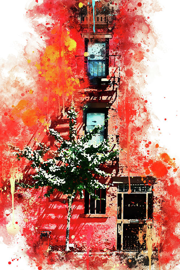 NYC Watercolor Collection - Red Facade Mixed Media by Philippe HUGONNARD
