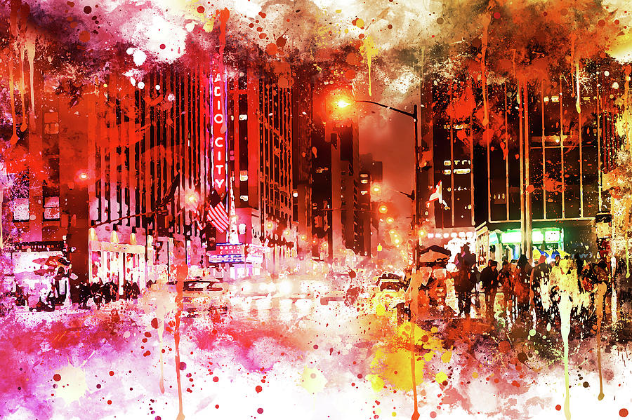 NYC Watercolor Collection - Red Night Painting by Philippe HUGONNARD