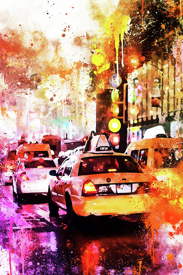 NYC Watercolor Collection - Taxis Night Painting by Philippe HUGONNARD