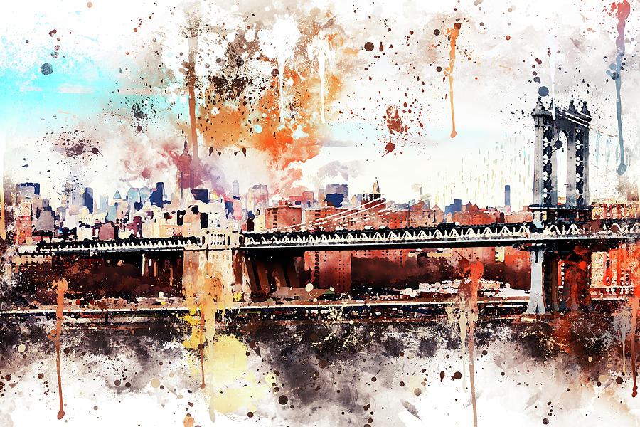NYC Watercolor Collection - The Manhattan Bridge Painting by Philippe HUGONNARD