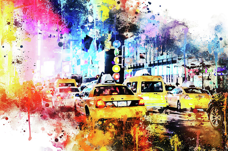 NYC Watercolor Collection - Yellow Taxis Painting by Philippe HUGONNARD