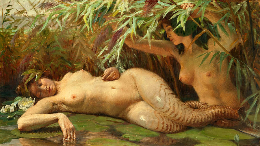 Nymph discovering a mermaid in the reeds  Painting by Georges-Marie-Julien Girardot