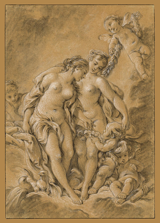 Nymphs and Cupids Drawing by Francois Boucher