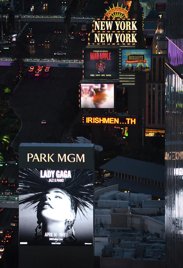 NYNY Marquee and Park MGM Billboard Featuring Lady Gaga Residency in Las Vegas Photograph by Shawn OBrien