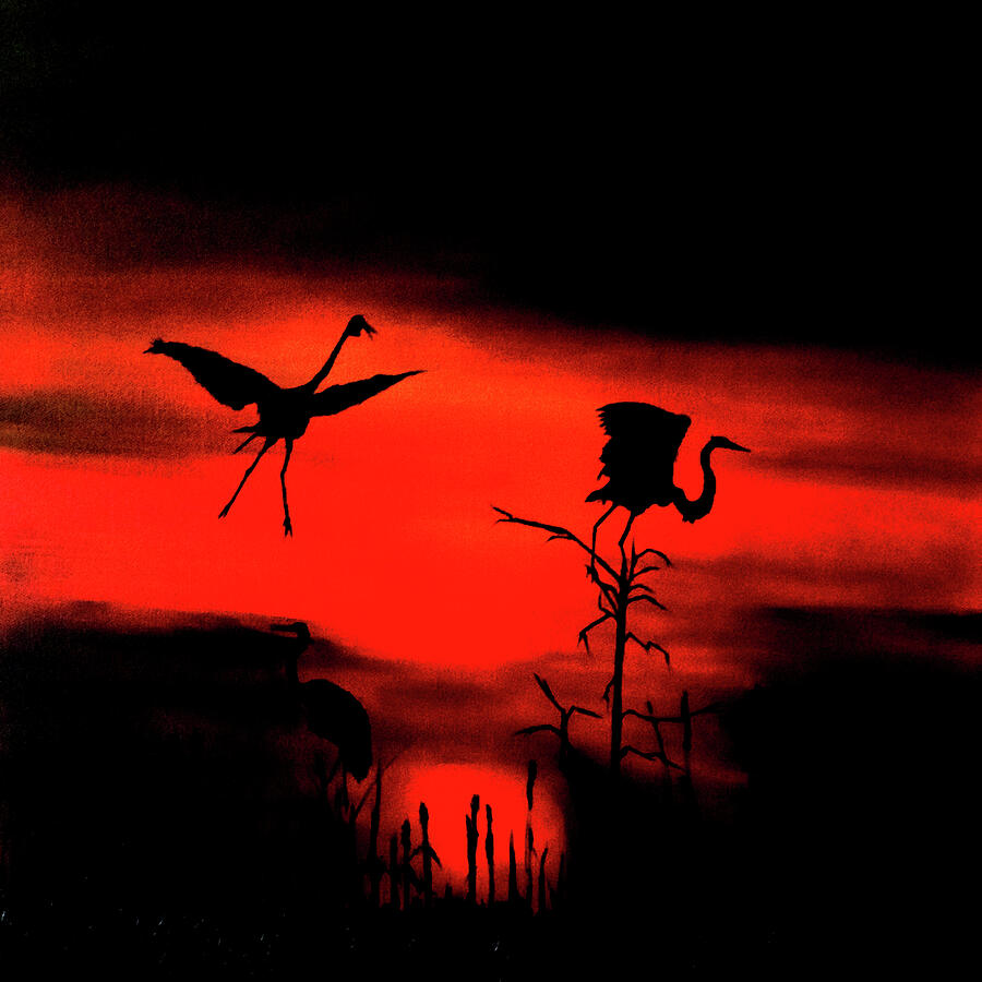 Wildlife Painting - O-Sunset Moment and Crane by Clement Tsang