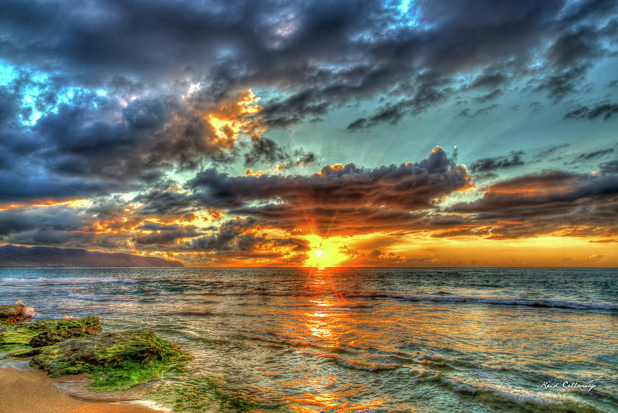 Oahu Hawaii Dancing Light Across The Water Pacific Ocean Sunset North Shore Seascape Art Photograph by Reid Callaway