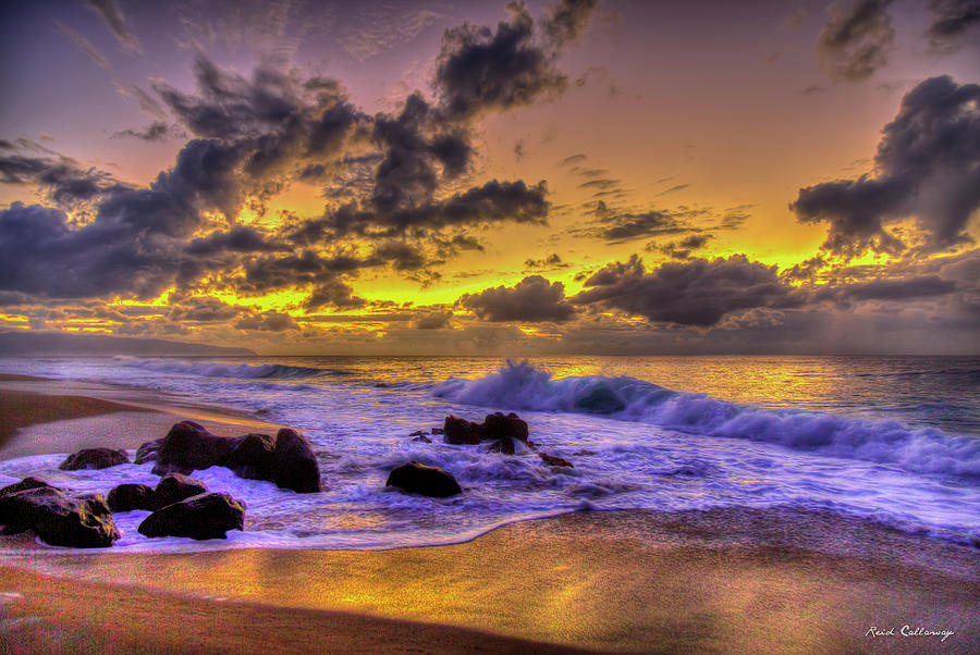 Oahu Hawaii Hidden Beach Sunset 2 North Shore Pacific Ocean Seascape Art Photograph by Reid Callaway