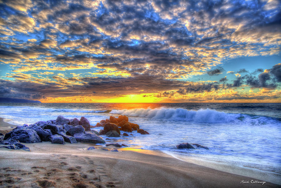 Oahu Hawaii Hidden Beach Sunset 7 North Shore Pacific Ocean Seascape Art Photograph by Reid Callaway