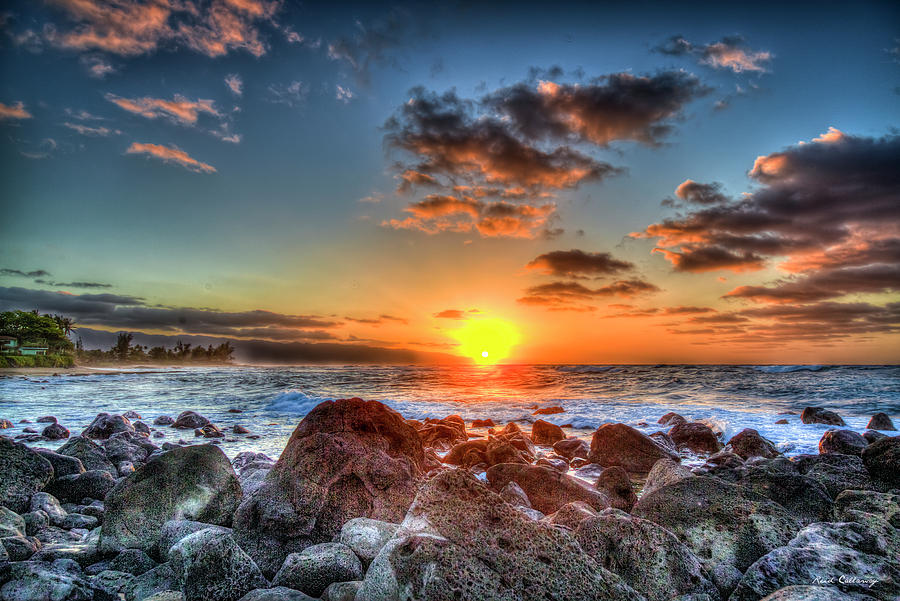 Oahu Hawaii North Shore Sunset Rocky Shore Seascape Art Photograph by Reid Callaway