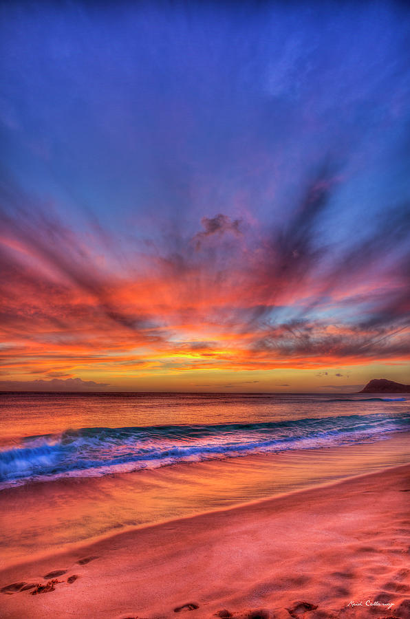 Oahu Hawaii Red Crown Tracks Beach Sunset Landscape Seascape Art Photograph by Reid Callaway