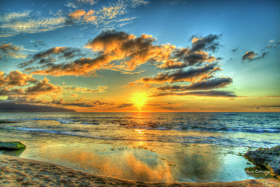 Oahu Hawaii Reflections On The Water Pacific Ocean Sunset North Shore Seascape Art Photograph by Reid Callaway