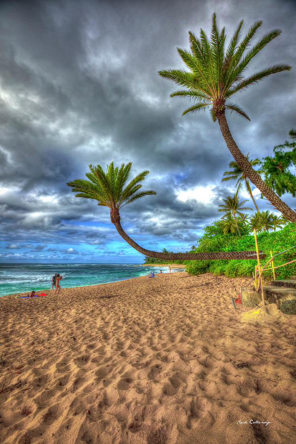 Oahu Hawaii Sunset Beach Palm Trees North Shore Big Wave Surfing Seascape Art Photograph by Reid Callaway