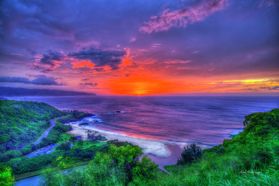 Oahu Hawaii Waimea Bay Red Sky Sunset North Shore Reflections Surfing Seascape Art Photograph By