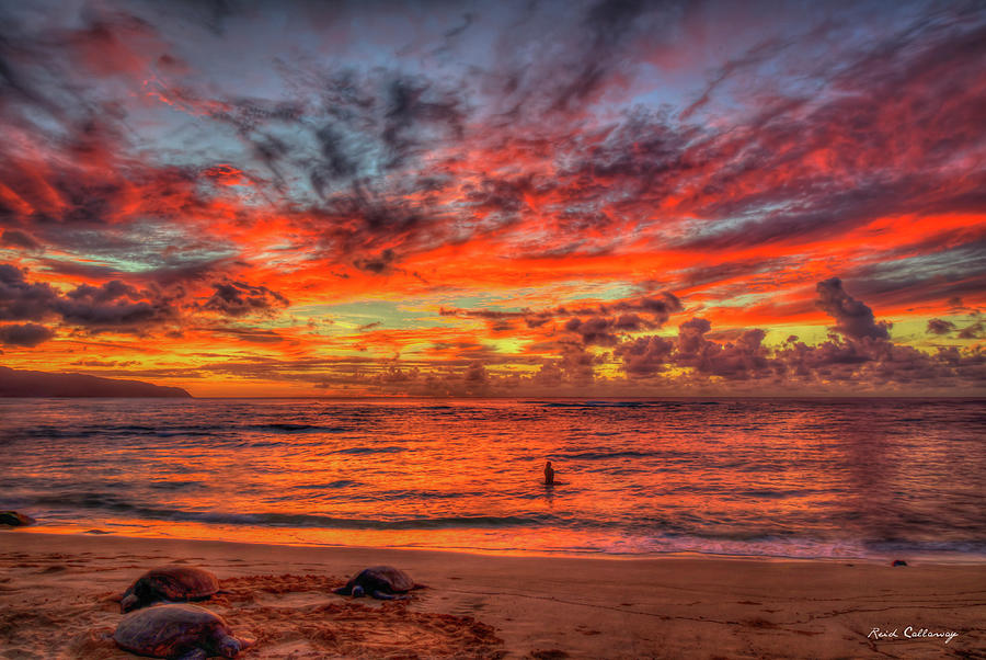 Oahu HI Kaena Point A Resting Place 7 Turtle Beach North Shore Sunset Seascape Art Photograph by Reid Callaway