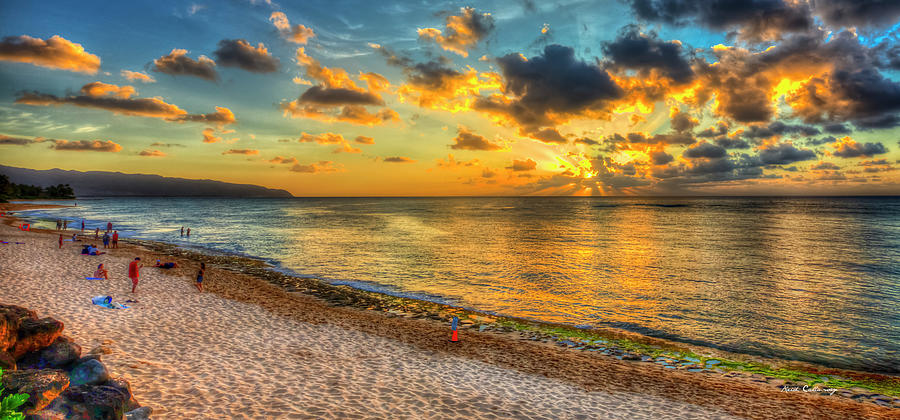 Oahu HI A Resting Place Turtle Beach Sunset Panorama Hawaiian Honu Turtle Landscape Seascape Art Photograph by Reid Callaway