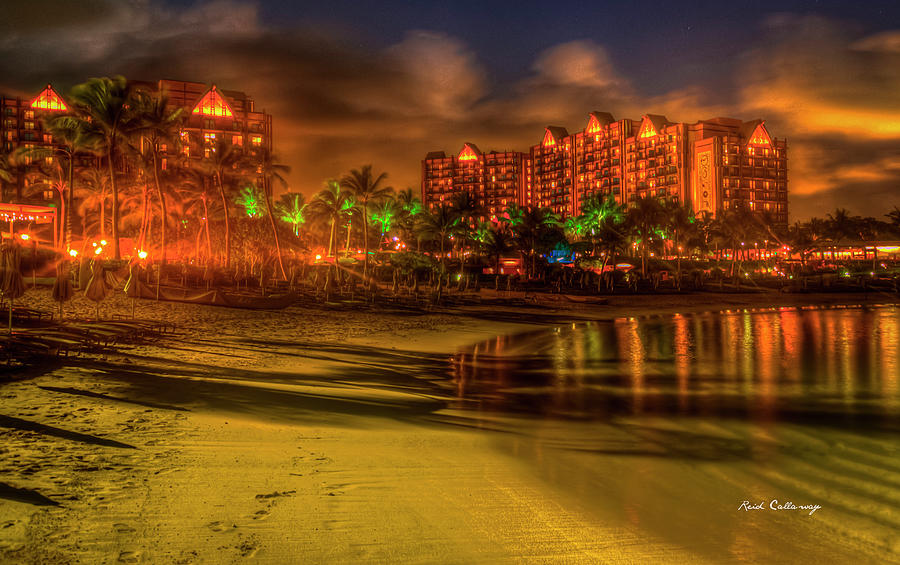 Oahu HI Aulani Disney Resort and Spa Majestic Reflections Night Seascape Art Photograph by Reid Callaway