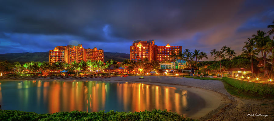 Oahu HI Aulani Disney Resort and Spa Night Reflections Seascape Art Photograph by Reid Callaway