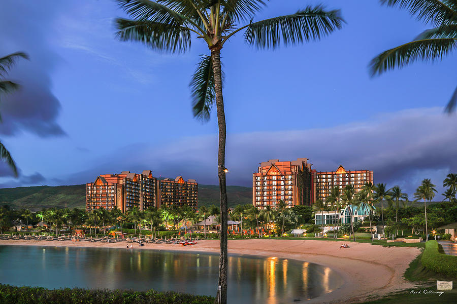 Oahu HI Aulani Disney Resort and Spa Sunset Reflections Seascape Art Photograph by Reid Callaway