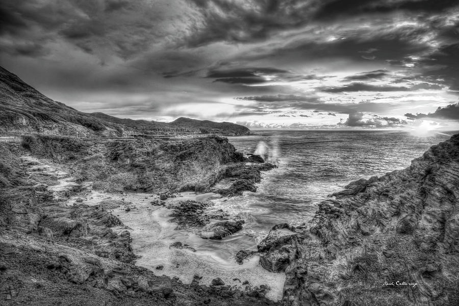 Oahu HI From Here To Eternity Beach Sunrise BW Halona Cove Sandy Beach Park Seascape Art Photograph by Reid Callaway