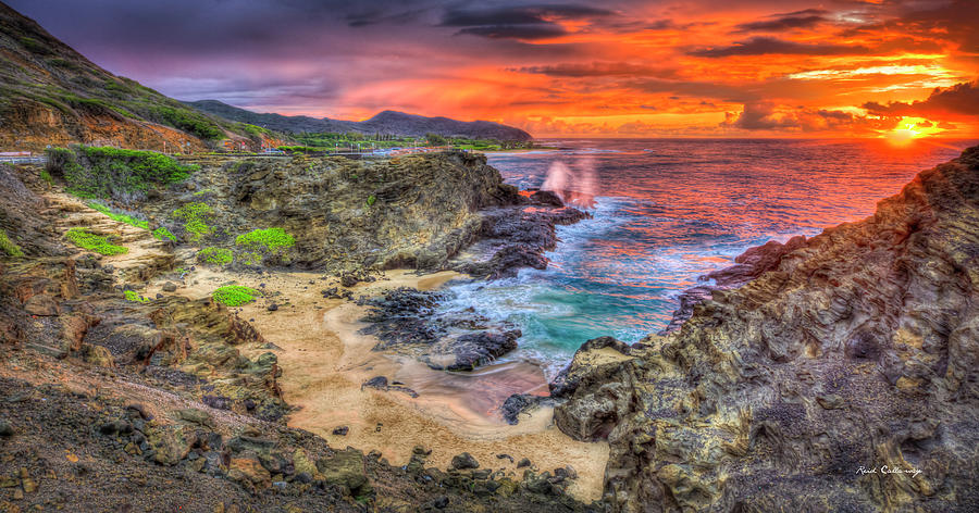 Oahu HI From Here To Eternity Beach Sunrise Panorama Halona Cove Cockroach Cove Seascape Art Photograph by Reid Callaway