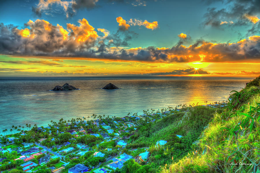 Oahu HI Lanikai Beach Pillbox Hike Sunrise 2 Kaiwa Ridge Trail Landscape Seascape Art Photograph by Reid Callaway