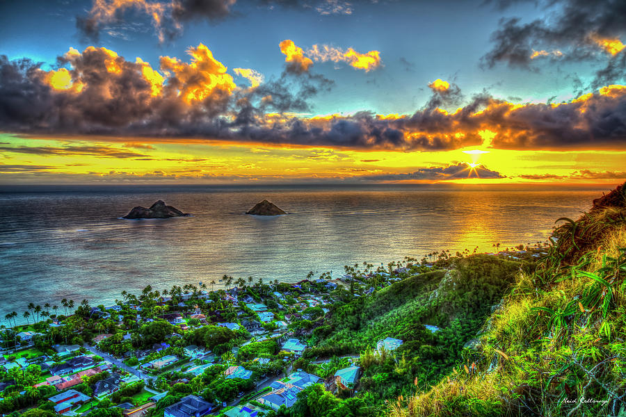 Lanikai Beach Sunrise Photograph - Oahu HI Lanikai Beach Pillbox Hike Sunrise Kaiwa Ridge Trail Landscape Seascape Art by Reid Callaway