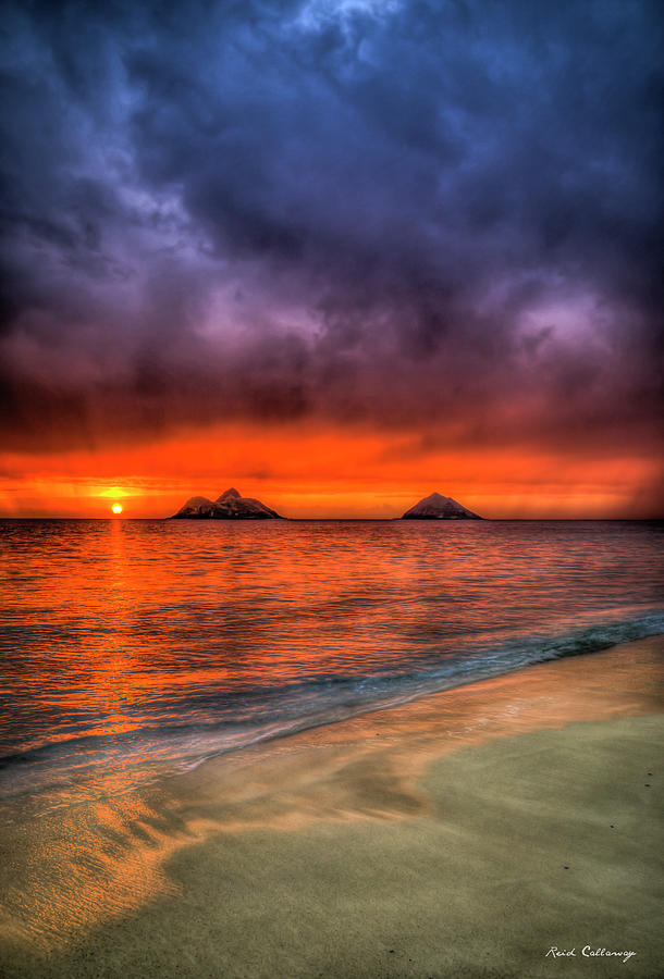 Oahu HI Lanikai Beach Red Sunrise Mokulua Islands Seascape Art Photograph by Reid Callaway