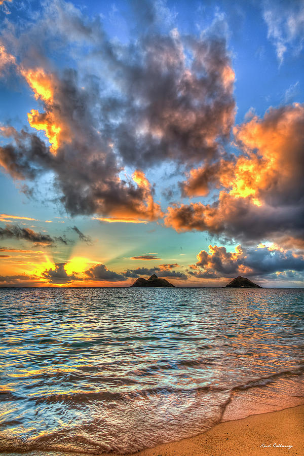 Oahu HI Lanikai Beach Sunrise 7 Mokulua Islands Seascape Art Photograph by Reid Callaway