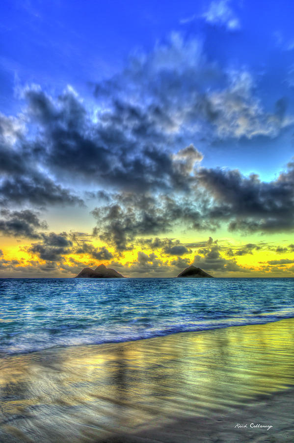 Oahu HI Lanikai Beach Sunrise Blues Mokulua Islands Seascape Art Photograph by Reid Callaway