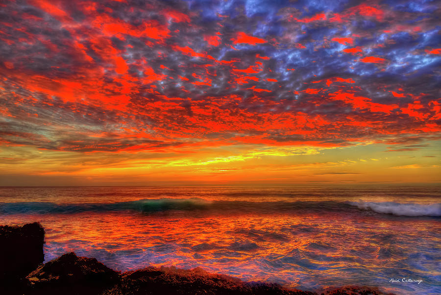 Oahu HI Magnificent Red Sky Sunset Waianae Pacific Ocean Seascape Art Photograph by Reid Callaway