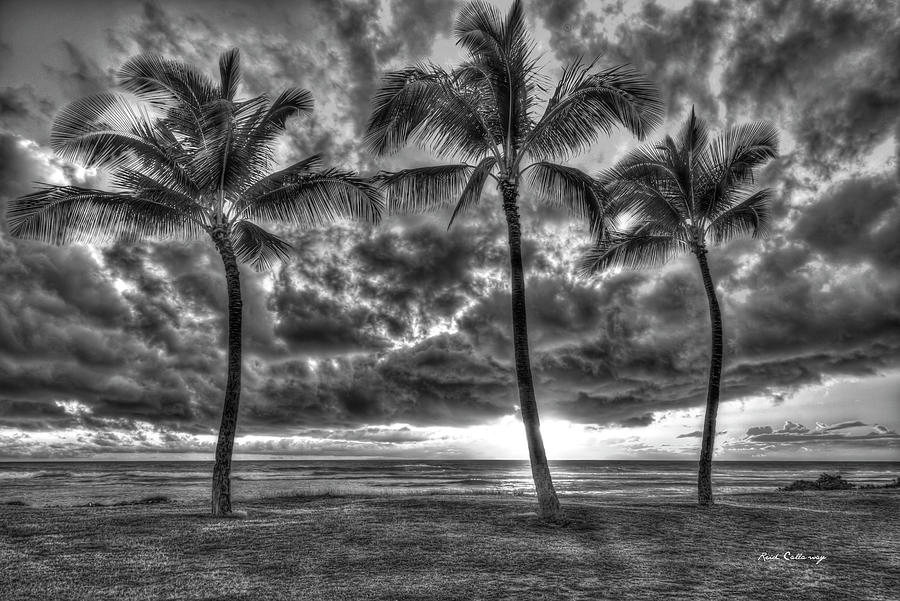 Oahu HI Pacific Ocean Sunset Palm Trees BW Maili Beach Park Pokai Bay Landscape Art Photograph by Reid Callaway