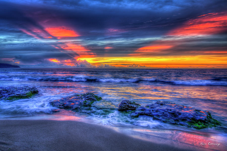 Oahu HI North Shore Red Reflections Sunset Pacific Ocean Seascape Art Photograph by Reid Callaway
