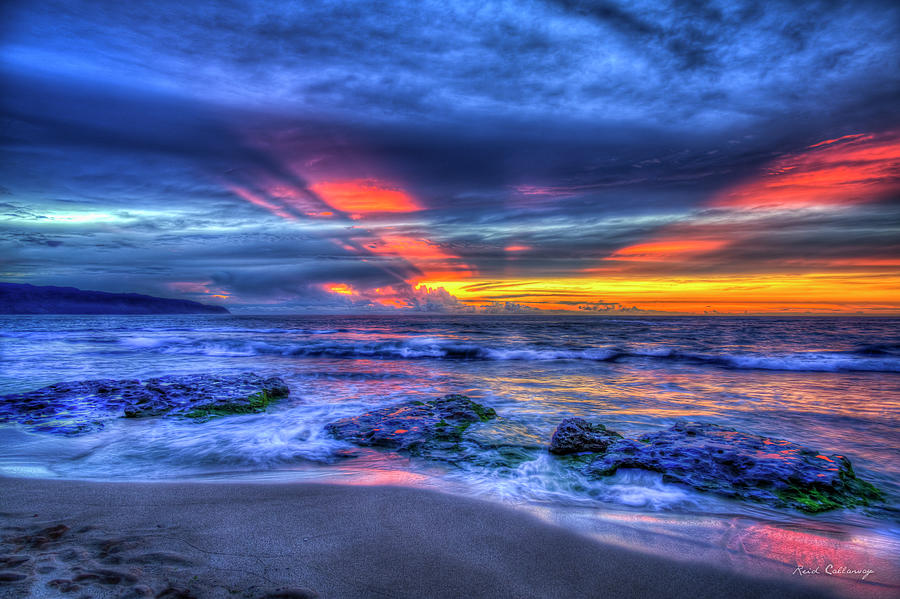 Oahu HI Red V For Victory Pacific Ocean Sunset North Shore Seascape Art Photograph by Reid Callaway