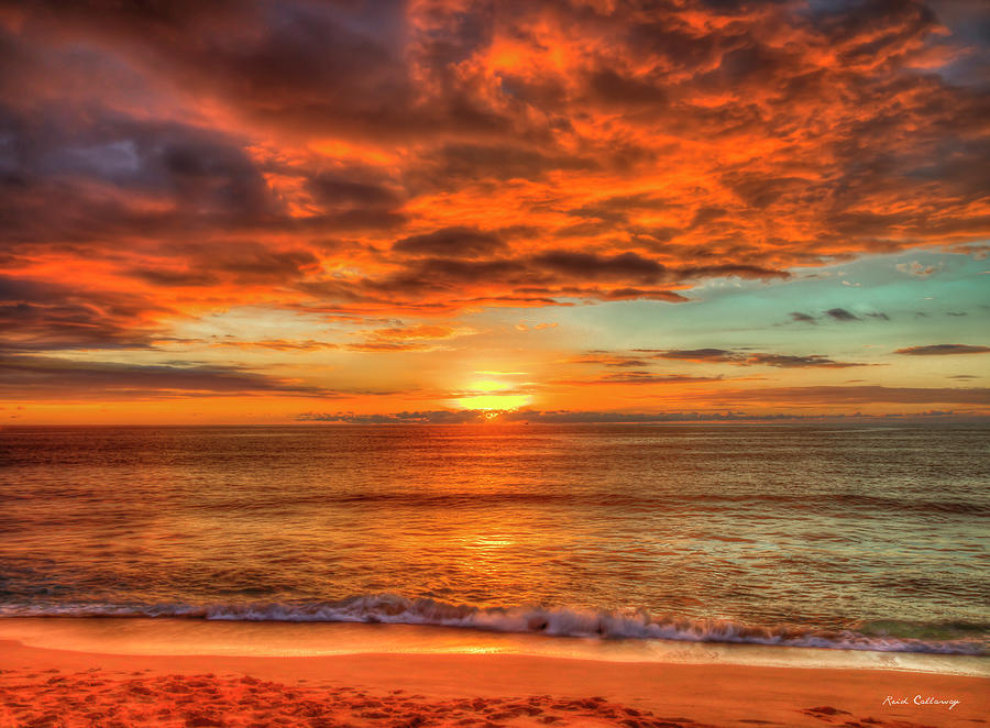 Oahu HI Tracks Beach Majestic Sunset Pacific Ocean Seascape Art Photograph by Reid Callaway