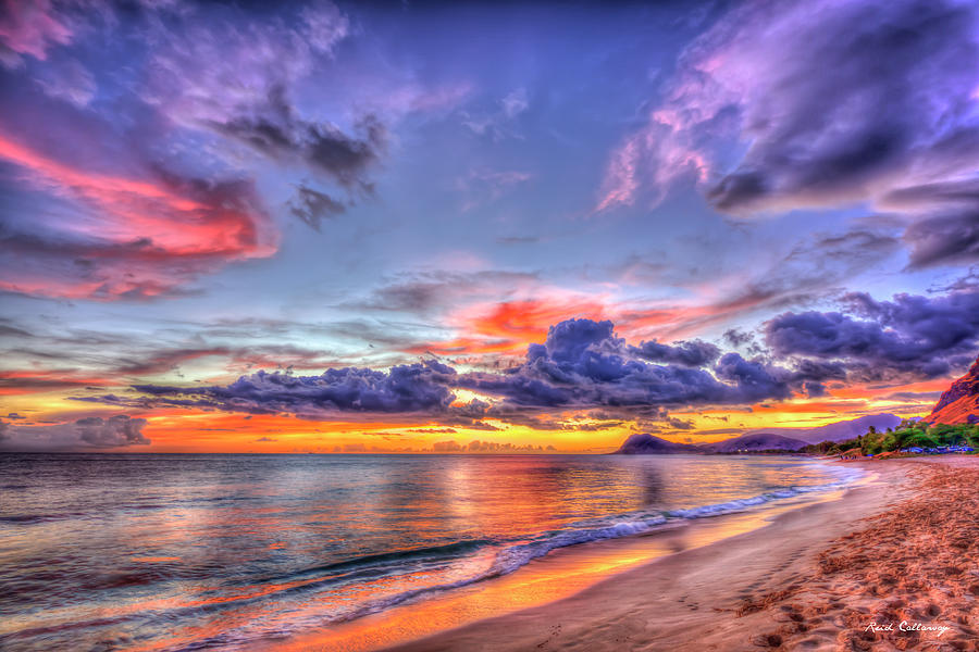 Oahu HI Tracks Beach MultiColor Sunset Pacific Ocean Seascape Art Photograph by Reid Callaway