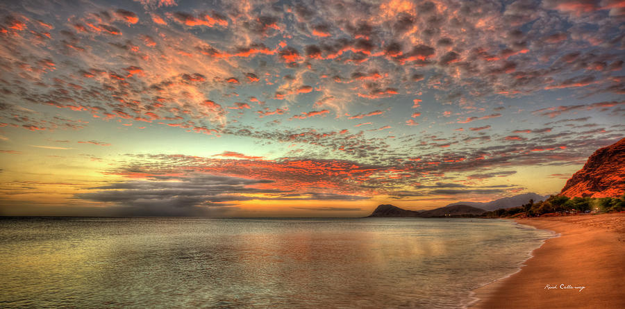 Oahu HI Tracks Beach Red Clouds Panorama Sunset Pacific Ocean Seascape Art Photograph by Reid Callaway