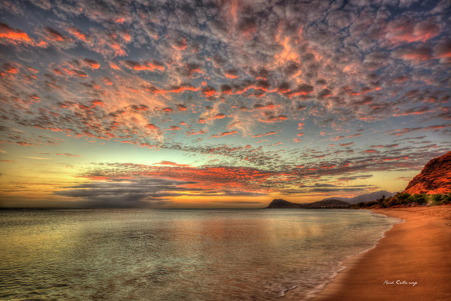 Oahu HI Tracks Beach Red Clouds Sunset Pacific Ocean Seascape Art Photograph by Reid Callaway