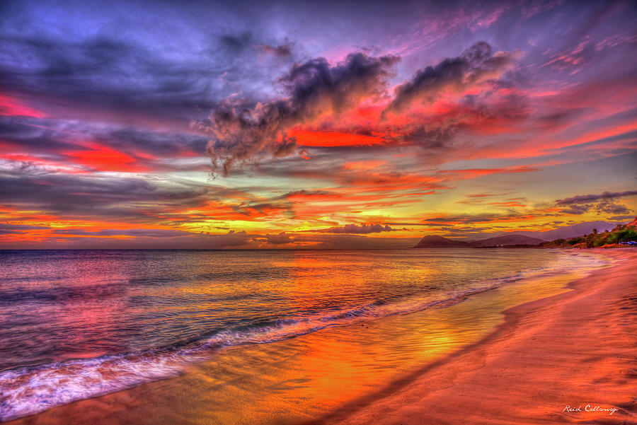 Oahu Hi Tracks Beach Red Reflections Sunset Pacific Ocean Seascape Art Photograph