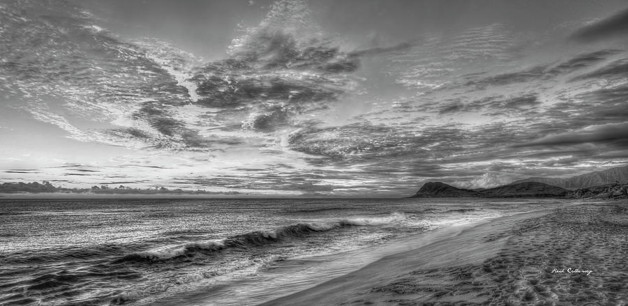 Oahu HI Tracks Beach Sunset 8 Panorama B W North Pacific Ocean Seascape Art Photograph by Reid Callaway