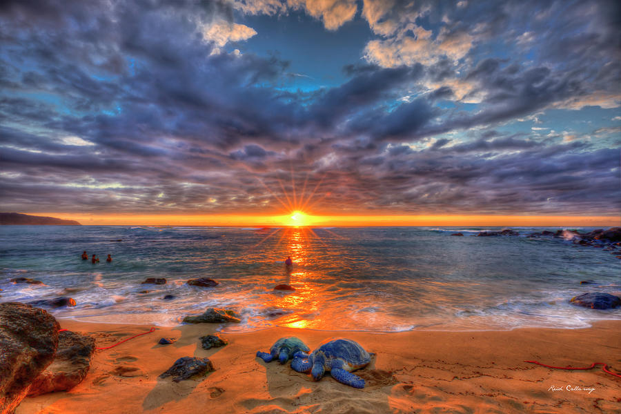 Oahu Hi Turtle Beach The Resting Turtles Sunset Star 2 North Shore Panorama Seascape Art Photograph