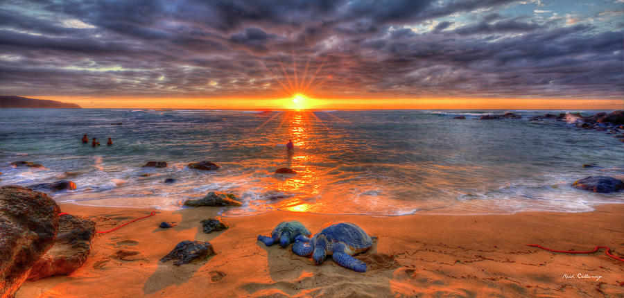 Oahu HI Turtle Beach The Resting Turtles Sunset Star North Shore North Shore Panorama Seascape Art Photograph by Reid Callaway