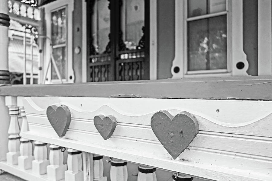 Oak Bluffs Cottages Marthas Vineyard MA Cape Cod Autumn Red Hearts Black and White Photograph by Toby McGuire