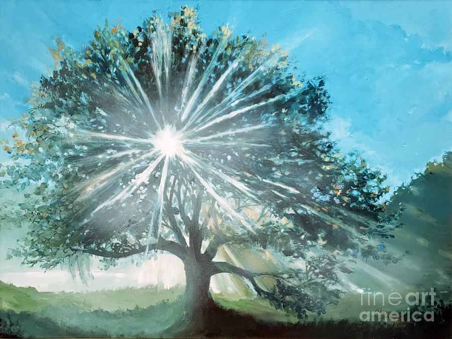 Oak in the morning fog Painting by Merana Cadorette